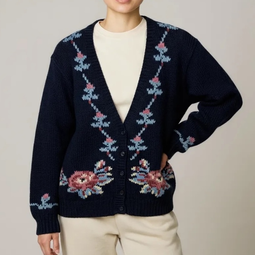 Vintage 80’s Wool Floral Button Front Cardigan In Navy & Pink | Size S